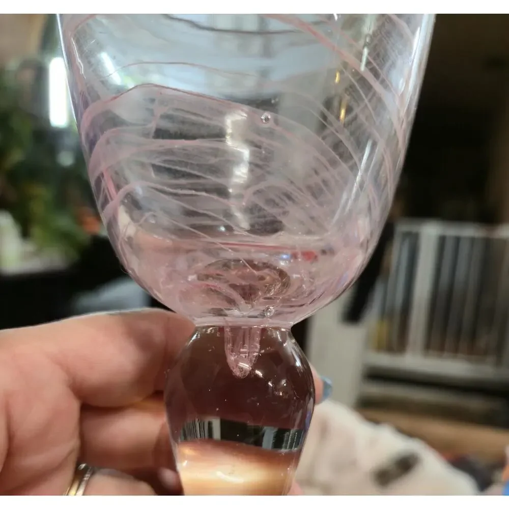 (2) Artland Iris PINK Swirled Hand Blown Water/Wine Goblets Glasses 8” Tall